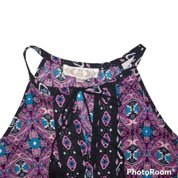 Pink Rose Black Fuchsia Tribal Tile Halter Tank - Picture 6 of 10